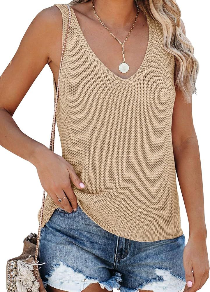 Tutorutor Womens Sleeveless V Neck Sweater Vest Summer Fall Knitted Loose Cami Tank Tops | Amazon (US)