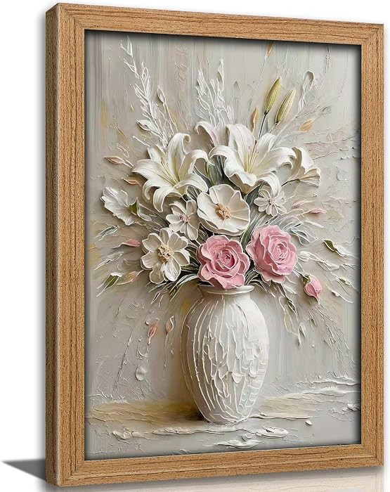 Framed Pink Rose and White Lily Floral Wall Art, 3D Textured Abstract Florwer Canvas Print Poster... | Amazon (US)