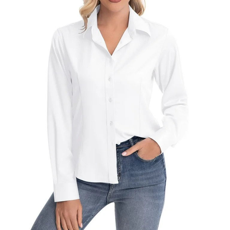 Siliteelon Women's Long Sleeve Button Down Shirts Wrinkle-Free Office Work Blouse | Walmart (US)