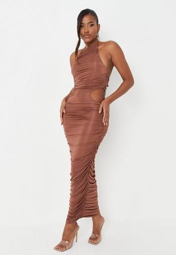 Missguided - Petite Chocolate Slinky Ruched Halterneck Midaxi Dress | Missguided (US & CA)