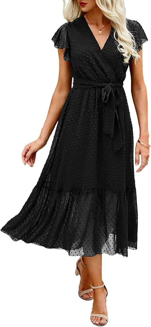 BTFBM Women Summer Bohemian Floral Casual Wrap V Neck Ruffle Cap Sleeveless Belt A-Line Pleated Hem  | Amazon (US)