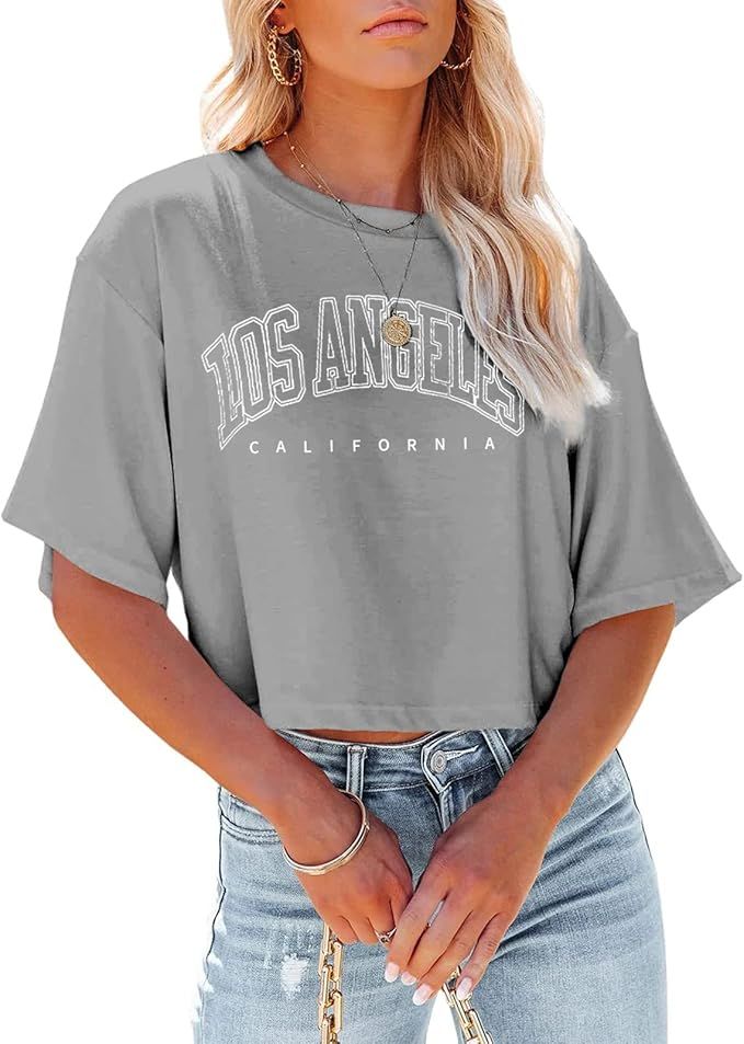 Tankaneo Womens Los Angeles California Letter Print Half Sleeve Cropped T Shirt Drop Shoulder O N... | Amazon (US)