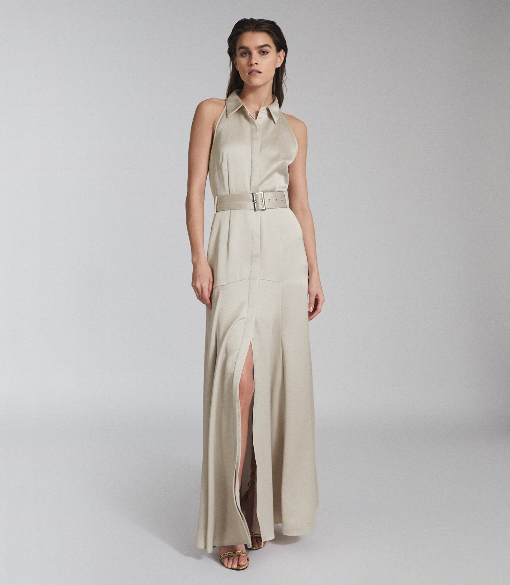 Reiss Keira - Open Back Belted Maxi Dress in Champagne, Womens, Size 8 | Reiss (Global - Non UK)