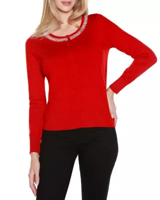 Belldini Women's Embellished Neckline Cardigan Sweater, Red, Large | Belk