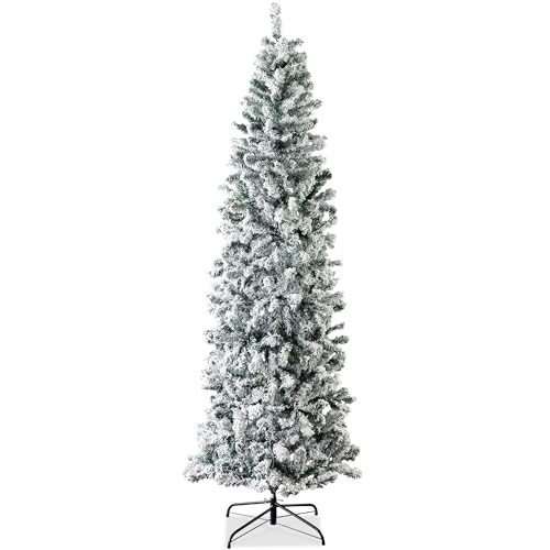 Best Choice Products Flocked Pencil Christmas Tree, Unlit Slim Artificial Holiday Decoration, 9ft Skinny Snowy Appearance w/Base | Amazon (US)
