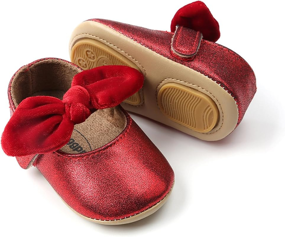 Baby Girls Mary Jane Flats Anti-Slip Rubber Sole Bow Toddler Princess Dress Shoes | Amazon (US)
