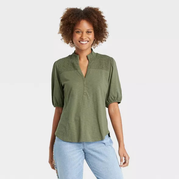 Women's Smocked 3/4 Sleeve Henley Shirt - Knox Rose™ Olive Green S | Target