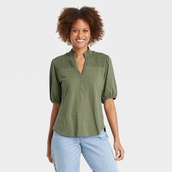 Women&#39;s Smocked 3/4 Sleeve Henley Shirt - Knox Rose&#8482; Olive Green S | Target