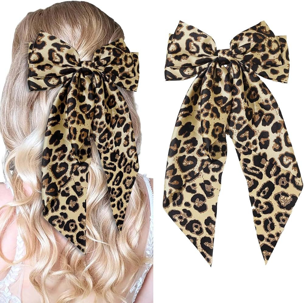 Leopard Hair Bows For Women Big Bow Clips Satin Ribbon Large Bowknot Vintage Cute Hair Accessorie... | Amazon (US)