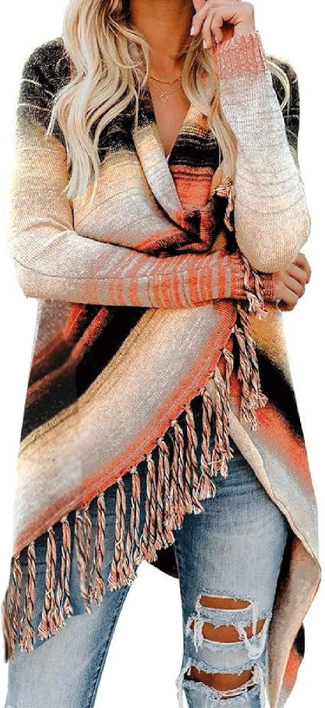 Women's Open Front Knited Tassels Slash Loose Cardigan Crew Neck Speckled Fringe Sweater Outwear | Amazon (US)