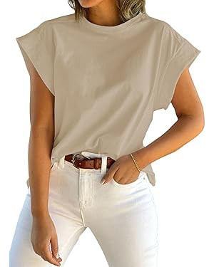 Tankaneo Womens Summer Cap Sleeve Tank Top Crew Neck Solid Casual Loose Fit Basic Tee Shirt | Amazon (US)