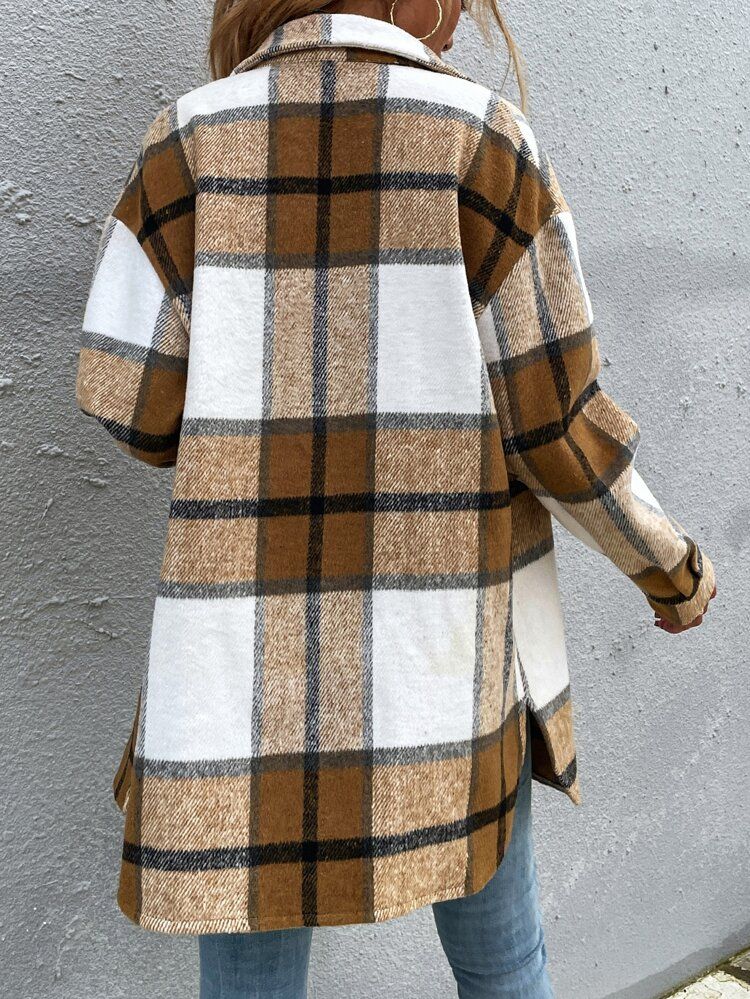 Plaid Print Flap Pocket Drop Shoulder Wool-Mix Fabric Overcoat | SHEIN