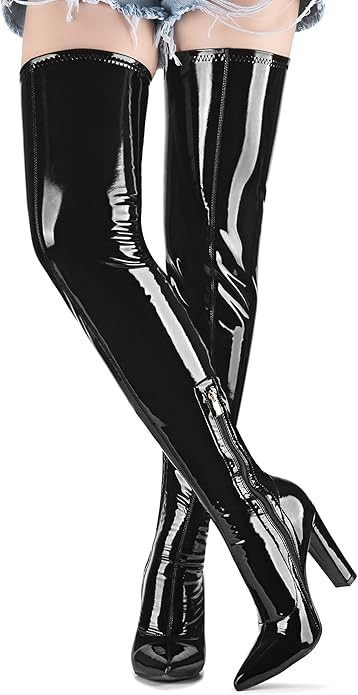 Amazon.com | Women's Heeled Over The Knee Boots Patent Leather PU Chunky Block Heel Sexy Fashion ... | Amazon (US)