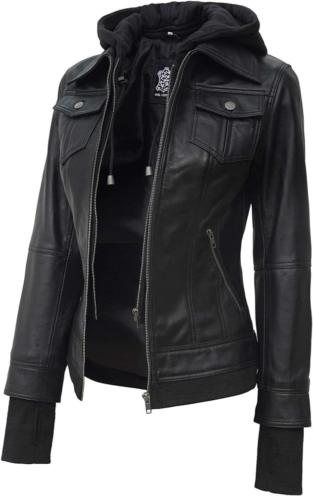 Hooded Leather Jacket Women - Real Lambskin Womens Leather Jacket with Hood | Amazon (US)
