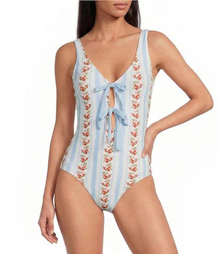 x Cyd Morris The Cleo Dainty Floral Stripe Front Tie Detail One Piece Swimsuit | Dillard's