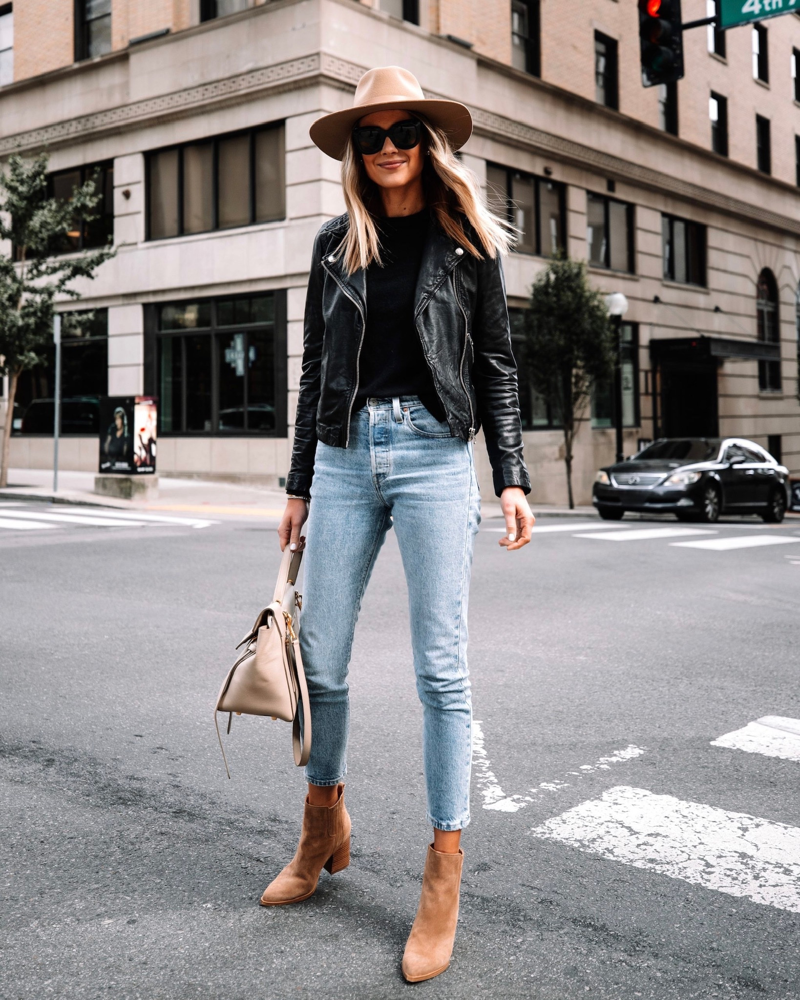 Fashion Jackson wearing black leather jacket outfit, tan booties, fall outfit 

#LTKSeasonal #LTKunder100 #LTKstyletip