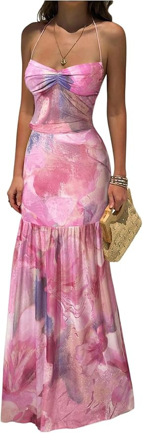 Floerns Women's Floral Mesh Halter Backless Boho Maxi Dress Spaghetti Strap Vacation Long Dresses | Amazon (US)