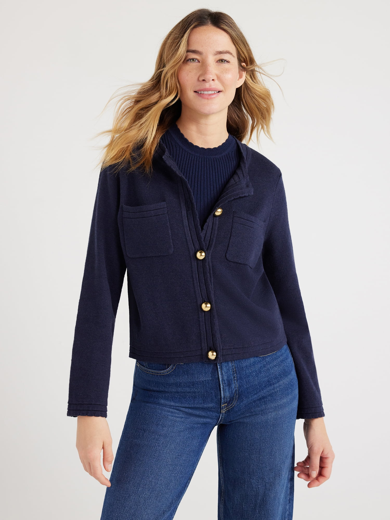 Free Assembly Women's Chest Pocket Cardigan Sweater with Long Sleeves, Midweight, Sizes XS-XXL | Walmart (US)