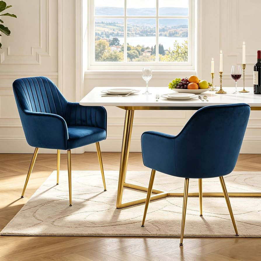 LSSPAID Velvet Dining Chairs Set of 2, Blue Upholstered Modern Accent Vanity Armchair with Gold M... | Amazon (US)