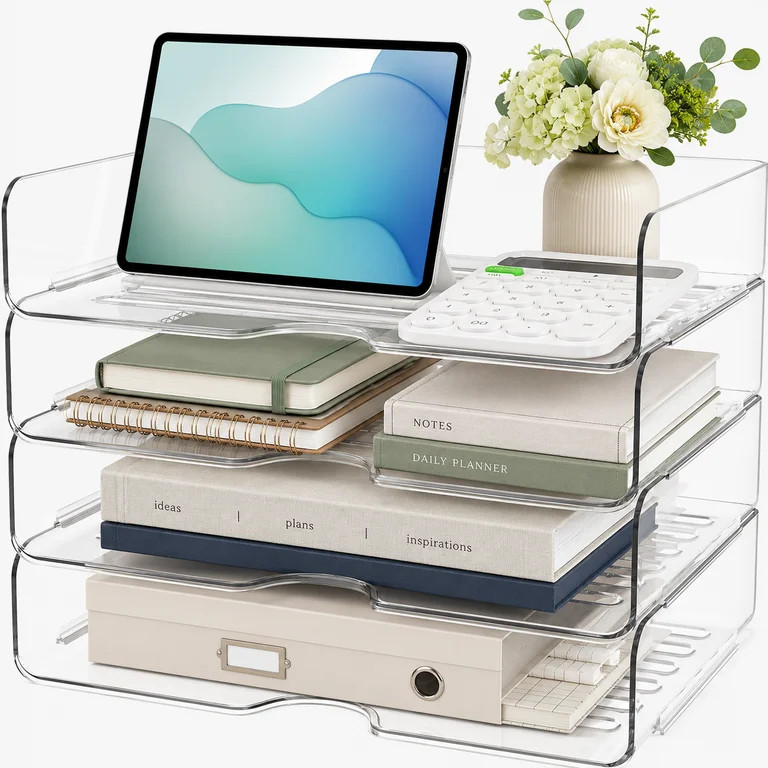 PHANCIR Clear 4-Tier Stackable Desk Organizer, Horizontal Paper File Tray, Desktop Document Sorte... | Walmart (US)