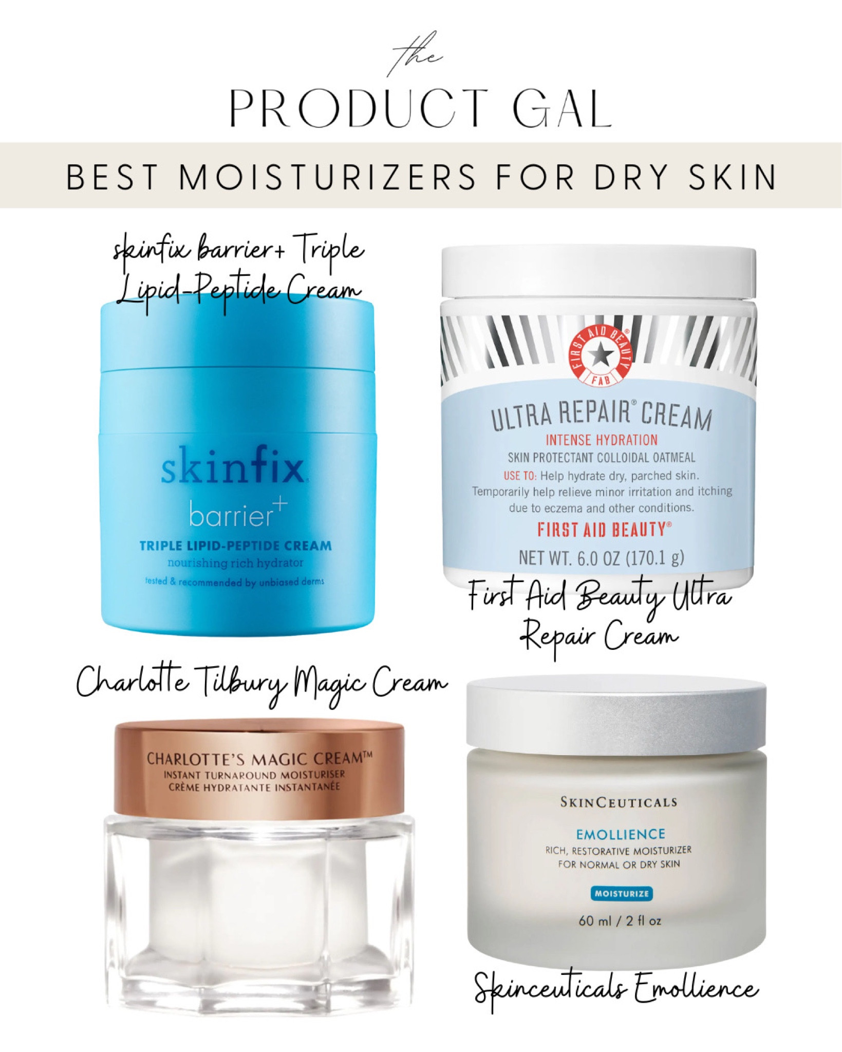 Dry skin season is officially here and my skin's been feeling it these past few weeks! I have combination skin but during the colder months it can get really dry and even irritated. I'm always searching for the best moisturizers to help my skin feel balanced and hydrated without being greasy or too heavy. Over the years, I've definitely found my favorites and I'm so excited to share them with you! 🤍👇🏽
⠀⠀⠀⠀⠀⠀⠀⠀⠀
1. @skinfix Barrier+ Triple Lipid-Peptide Face Cream – this is my current favorite! So hydrating and formulated with active lipids, peptides, hyaluronic acid, and rich shea butter that visibly brightens, firms, and plumps your skin.
⠀⠀⠀⠀⠀⠀⠀⠀⠀
2. @firstaidbeauty Ultra Repair Cream Intense Hydration – I love this especially when my skin is feeling irritated. It's fast-absorbing and provides instant and long-term hydration for dry, distressed skin and even eczema.
⠀⠀⠀⠀⠀⠀⠀⠀⠀
3. @charlottetilbury Magic Cream Moisturizer with Hyaluronic Acid – the BEST for under makeup! This plumps your skin and diminishes the look of fine lines, leaving your complexion glowing and prepped for flawless makeup.
⠀⠀⠀⠀⠀⠀⠀⠀⠀
4. @skinceuticals Emollience -- one of the riches moisturizers formulated with nourishing plant oils. My skin drinks this moisturizer up whenever I use it.
⠀⠀⠀⠀⠀⠀⠀⠀⠀
What are your favorite dry skin moisturizers? Share with me below 💦😊️ xx #itstheproductgal

#LTKbeauty