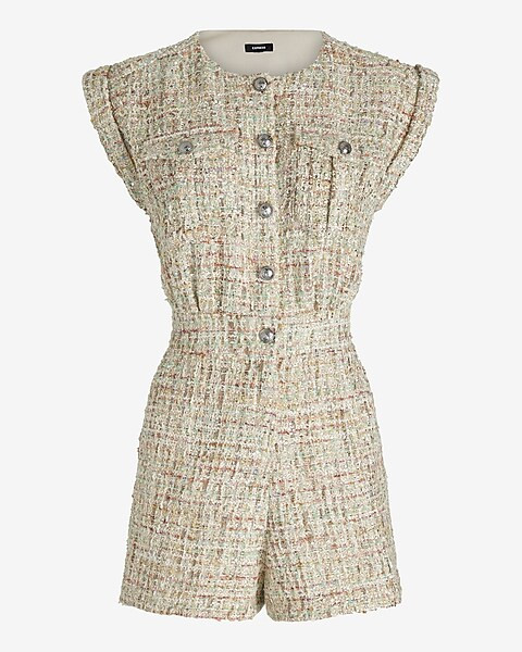Tweed Sequin Button Front Utlity Romper | Express