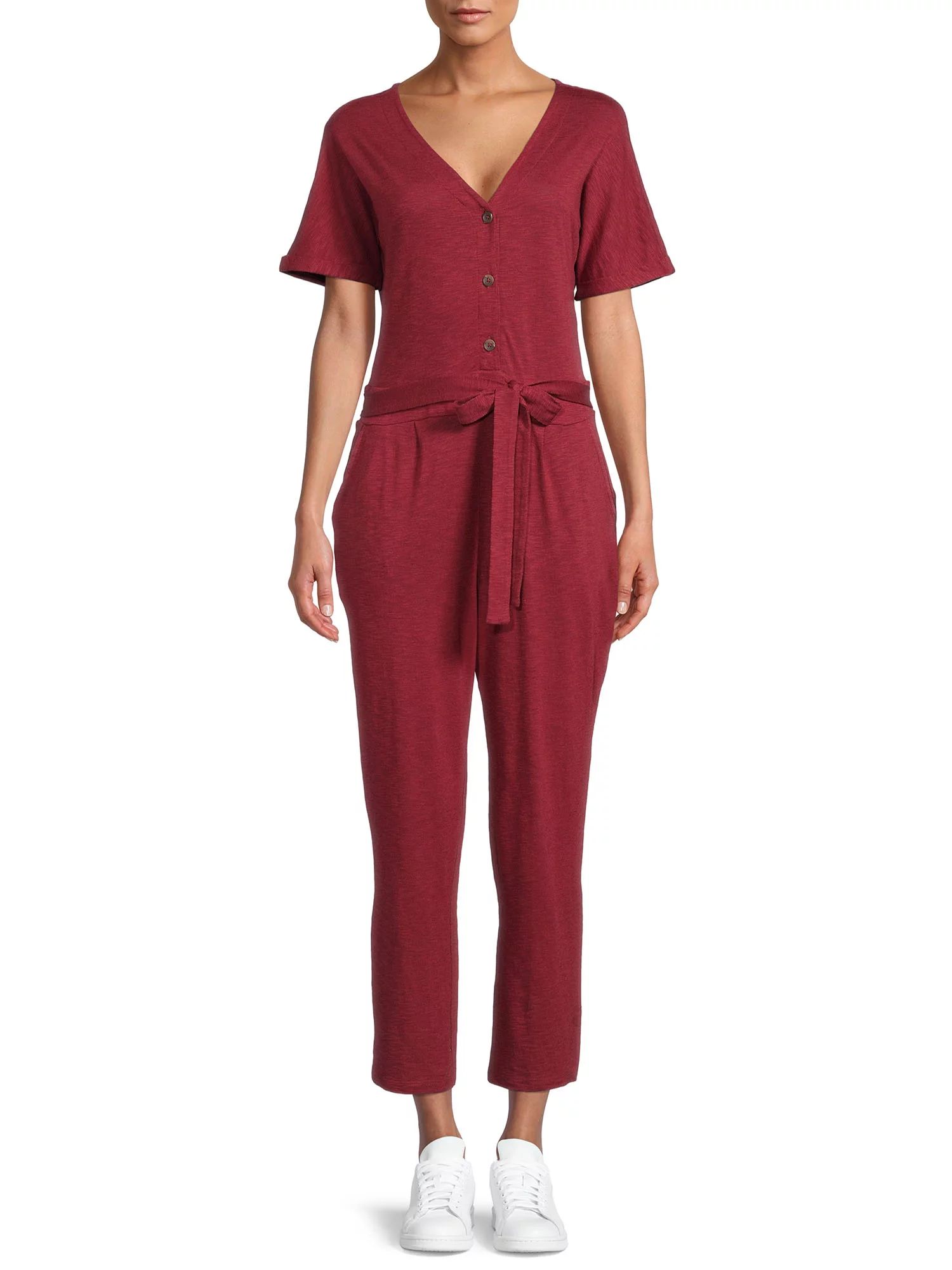 Time and Tru Women's Short Sleeve Knit Jumpsuit with Belt | Walmart (US)