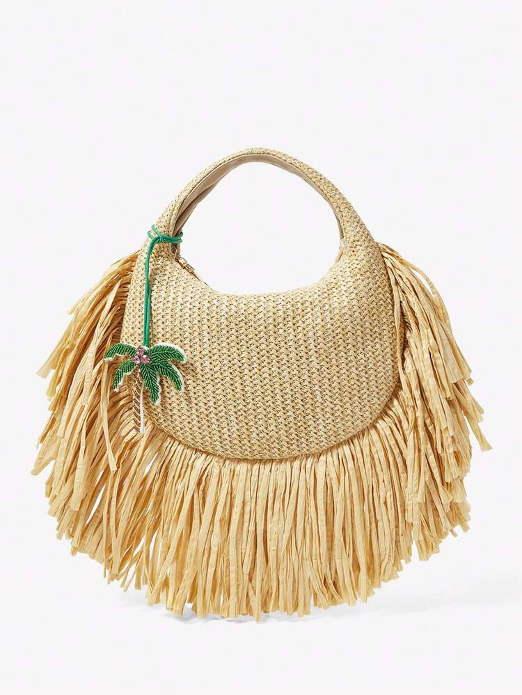 1pc Ladies, Women Top Handle Bags, Straw Bag, Straw Woven Bag, Tassels, Green Beaded Rhinestone C... | SHEIN