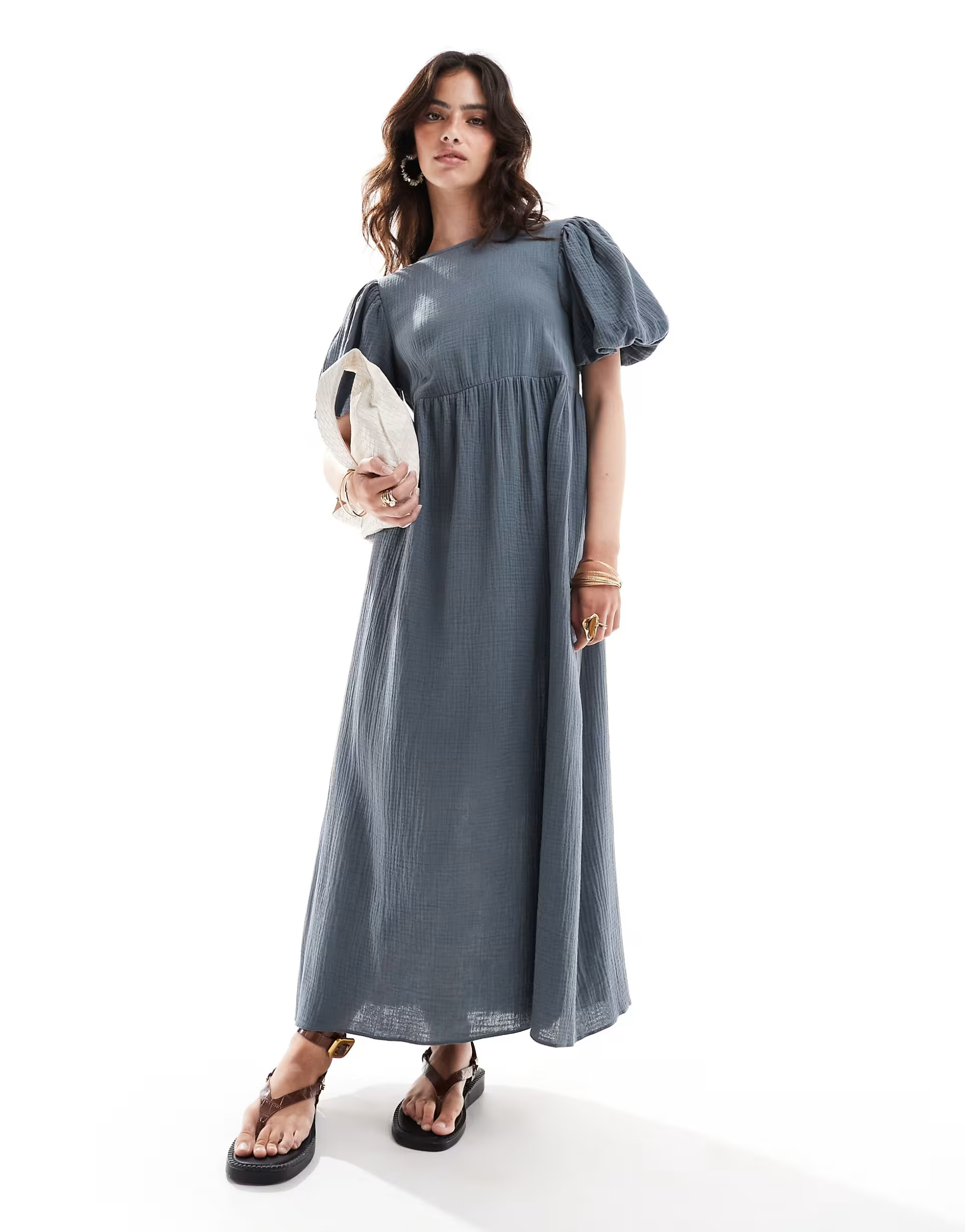 ASOS DESIGN double cloth midi smock dress with puff ball sleeves in denim blue | ASOS (Global)
