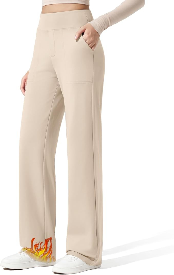 G4Free Women Fleece Lined Pants with Pockets Wide Leg Winter Thermal Work Trousers Dressy Casual ... | Amazon (US)