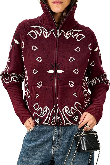 Yeokou Women Paisley Bandana Print Sweater Zip Up Knit Cardigan Jacket | Amazon (US)
