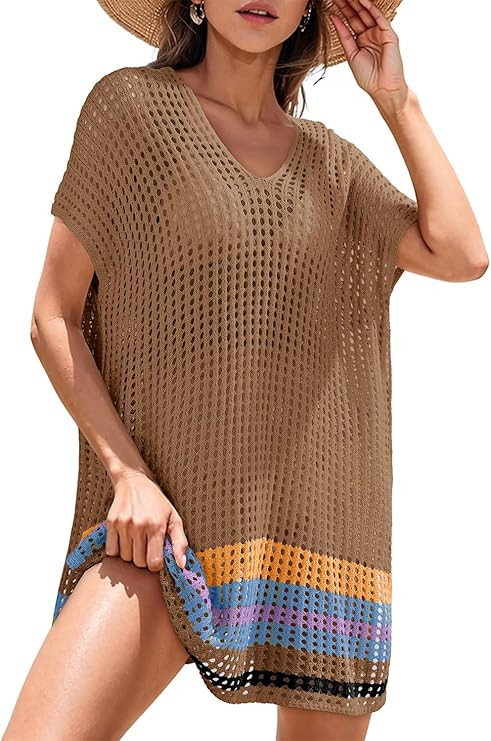 Dokotoo Women's Swimwear Beach Bikini Swimsuit Color Block Cover-ups Crochet Striped Side Split M... | Amazon (US)