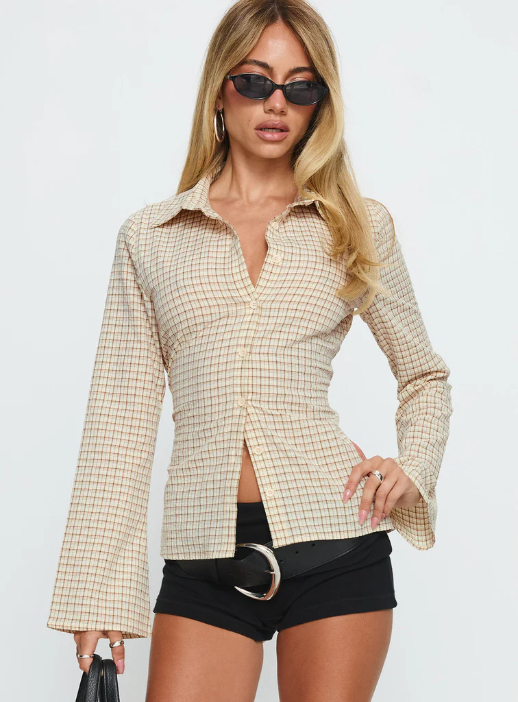 Eryx Tie Back Button Up Top Apricot Check | Princess Polly US