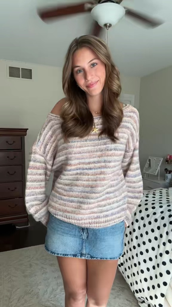 Cute fall outfit idea with a striped sweater and denim skirt!

#falloutfitswomen

#LTKootd #LTKSeasonal #LTKSaleAlert