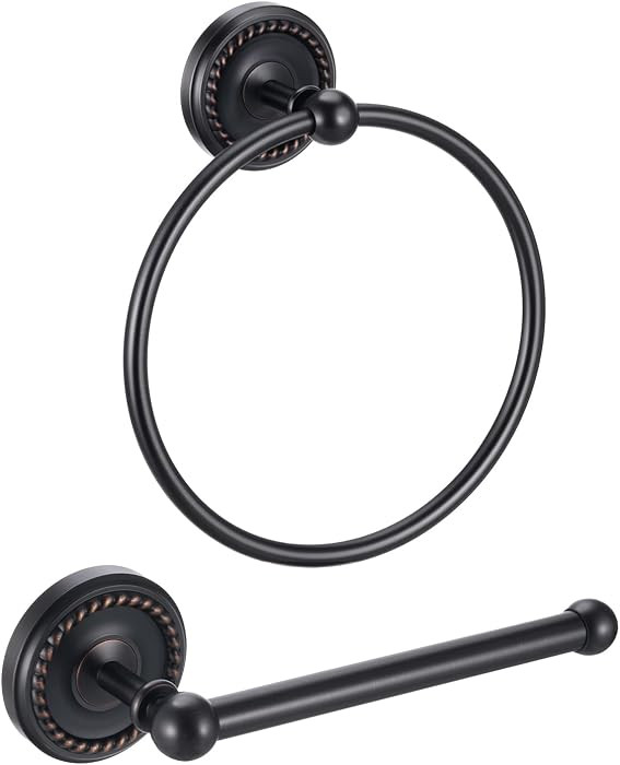 2 Pcs Oil Rubbed Bronze Toilet Paper Holder, Brass Towel Ring, Bathroom Wall Mount Vintage Tissue... | Amazon (US)