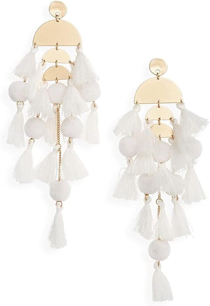Long Tassel Statement Earrings for Women Gold Plated Pom Pom Fringe Danle Earrings Fashion Bohemi... | Amazon (US)