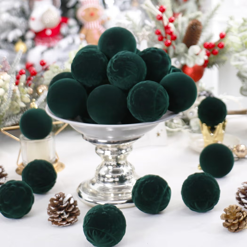 RoseCraft 30PCS Dark Green Velvet Christmas Ball Ornaments Set, 60MM/2.3Inch Shatterproof Flocked Ornament for Christmas Tree Hanging Holiday Party Xmas Decorations. | Amazon (US)