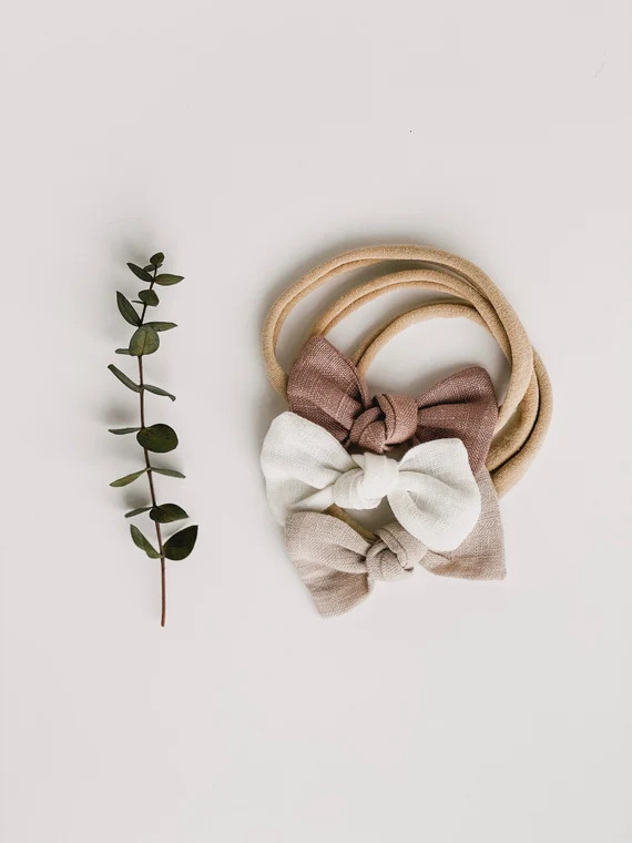 Linen Hair Bows Set, Set of 3 Bows, Baby Headbands, Neutral Baby Bows, girls hair bows, baby girl... | Etsy (US)