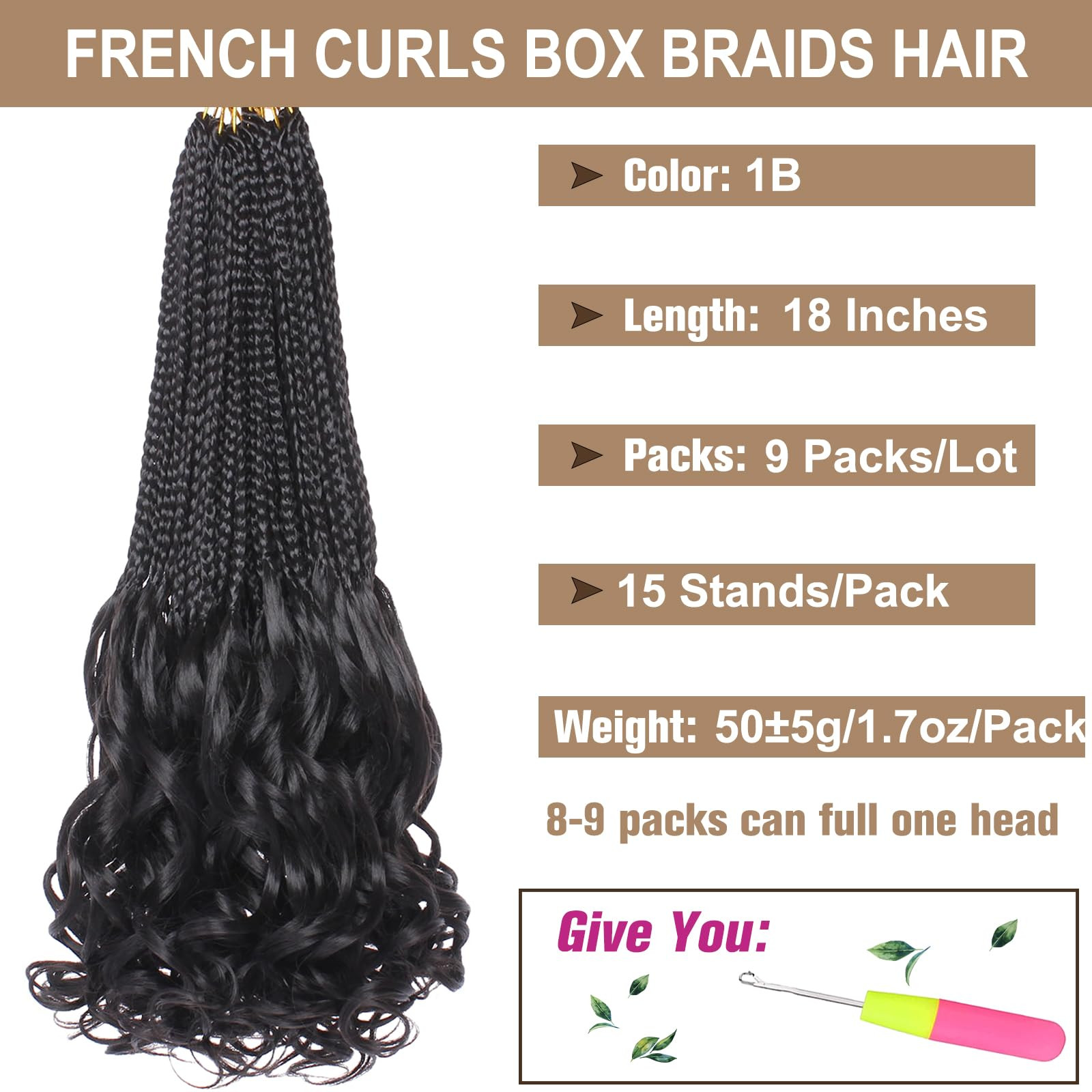COOKOO 18 Inch 9 Pack (15 Strands/PCS) Pre Looped French Curly Box Braids Crochet Hair Natural Bl... | Amazon (US)