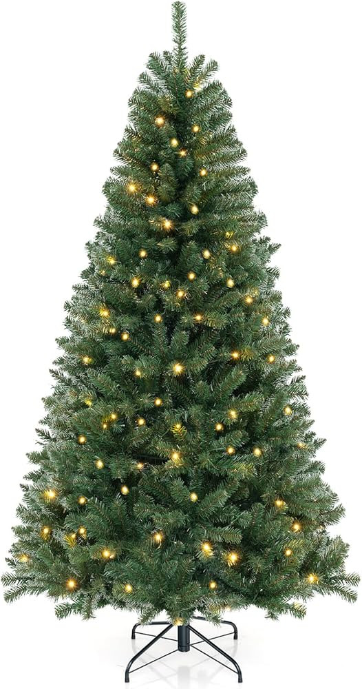 Goplus 7ft Pre-Lit Christmas Tree, Artificial Hinged Xmas Tree with 250 Warm White LED Lights, 8 ... | Amazon (US)