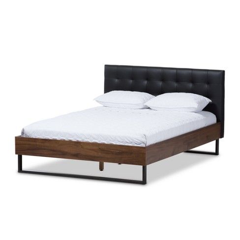 Mitchell Rustic Industrial Walnut Wood Black Faux Leather Metal Platform Bed - King - Dark Bronze... | Target