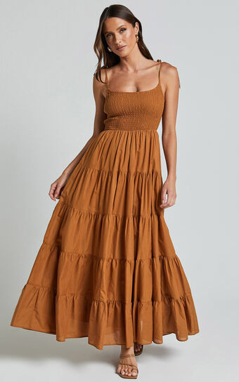 Angie Maxi Dress - Tie Strap Ruched Tiered Dress in Chocolate | Showpo (US, UK & Europe)