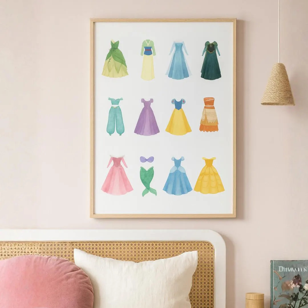 Disney Princess Dresses Wall Art | Watercolor Princess Dress Poster | Girls Bedroom Decor | Print... | Etsy (US)