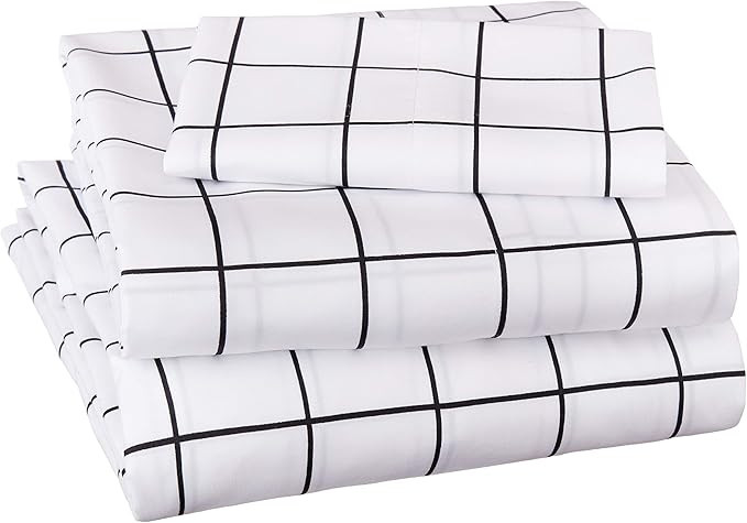 Amazon Basics Soft Microfiber Sheet Set with Elastic Pockets - Twin, Black Grid | Amazon (US)