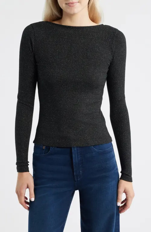 Madewell Sparkle Scoop Back Long Sleeve Top in Lurex Black at Nordstrom, Size Large | Nordstrom