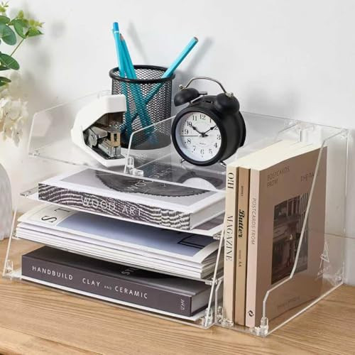 Acrylic Desk Organizer 4-Tier with Vertical File Holder – Durable Letter Tray & Book Organizer for Home Office, Magazines, Documents & Stationery – Sleek Modern Space Saver | Amazon (US)