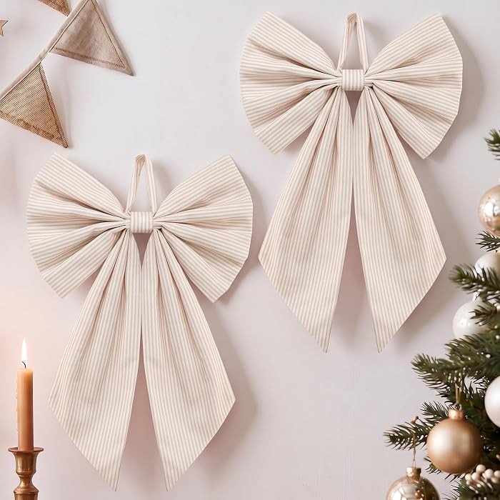 Suncalla 2 Pcs Khaki Christmas Neutral Stripe Wreath Bows 18'' x 12'' | Amazon (US)