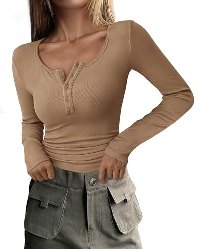 PRETTYGARDEN Women's 2025 Fall Long Sleeve Henley T Shirts Button Ribbed Knit Slim Fit Basic Tops... | Amazon (US)
