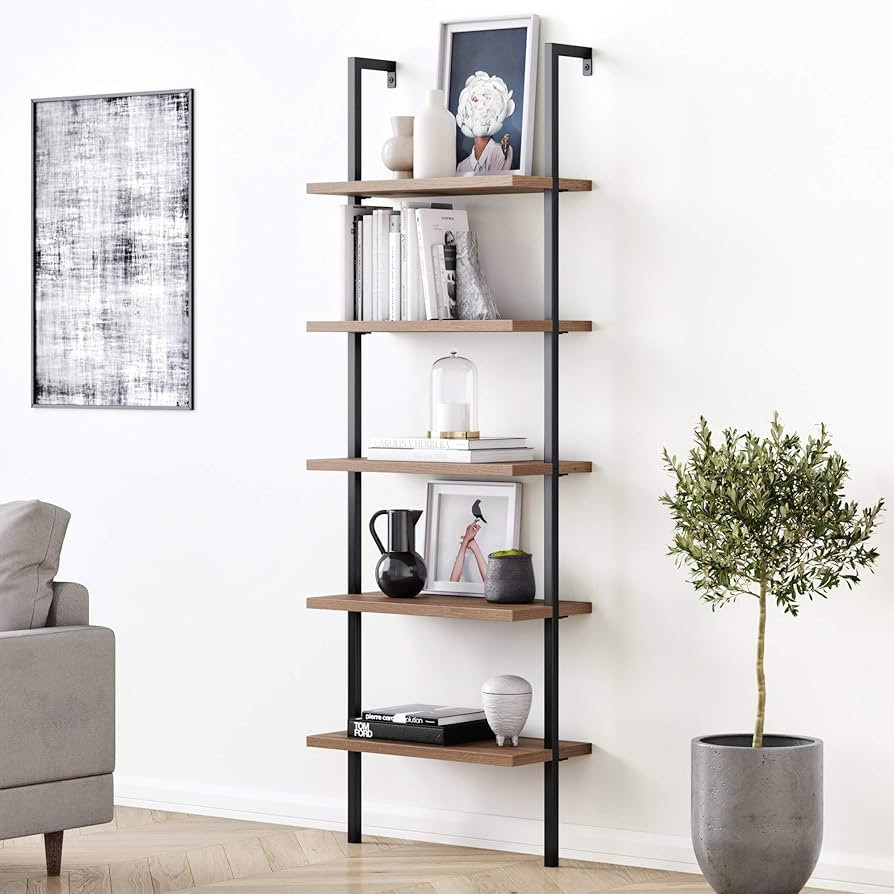 Nathan James Theo 5-Shelf Oak Wood Modern Bookcase, Open Wall Mount Ladder Bookshelf with Industr... | Amazon (US)