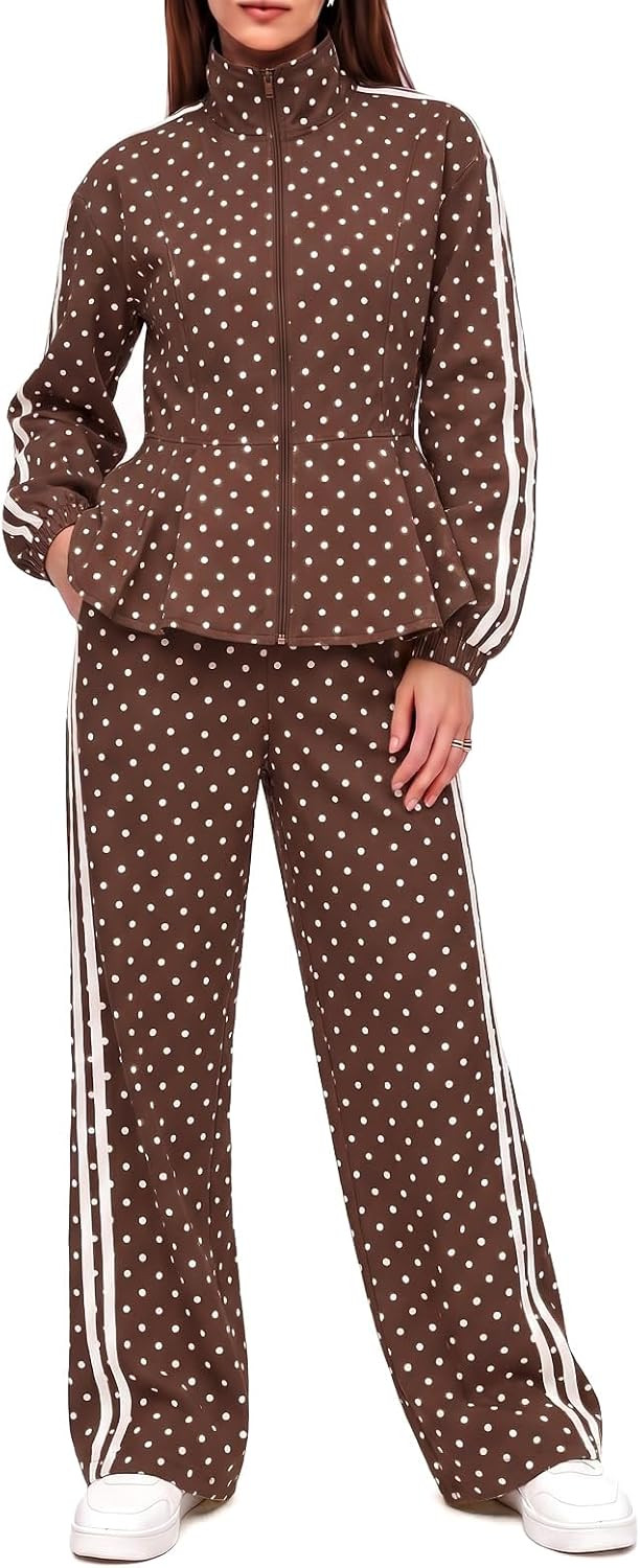 Fisoew Women 2 Piece Outfits Polka Dot Ruffle Zip Up Jacket Matching Sets | Amazon (US)